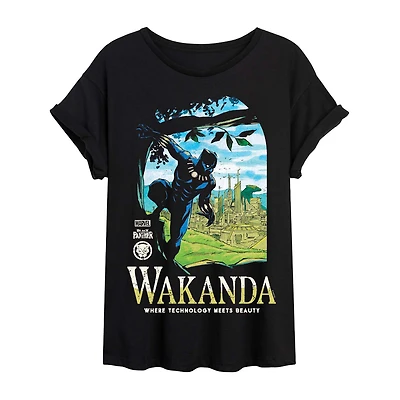 Wakanda Womens Juniors Scoop Neck Short Sleeve Regular Fit Black Panther Marvel Graphic T-Shirt