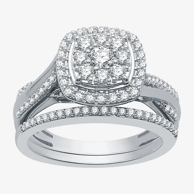 I Said Yes (H-I / I1) Womens 3/4 CT. T.W. Lab Grown White Diamond Sterling Silver Cushion Side Stone Halo Bridal Set