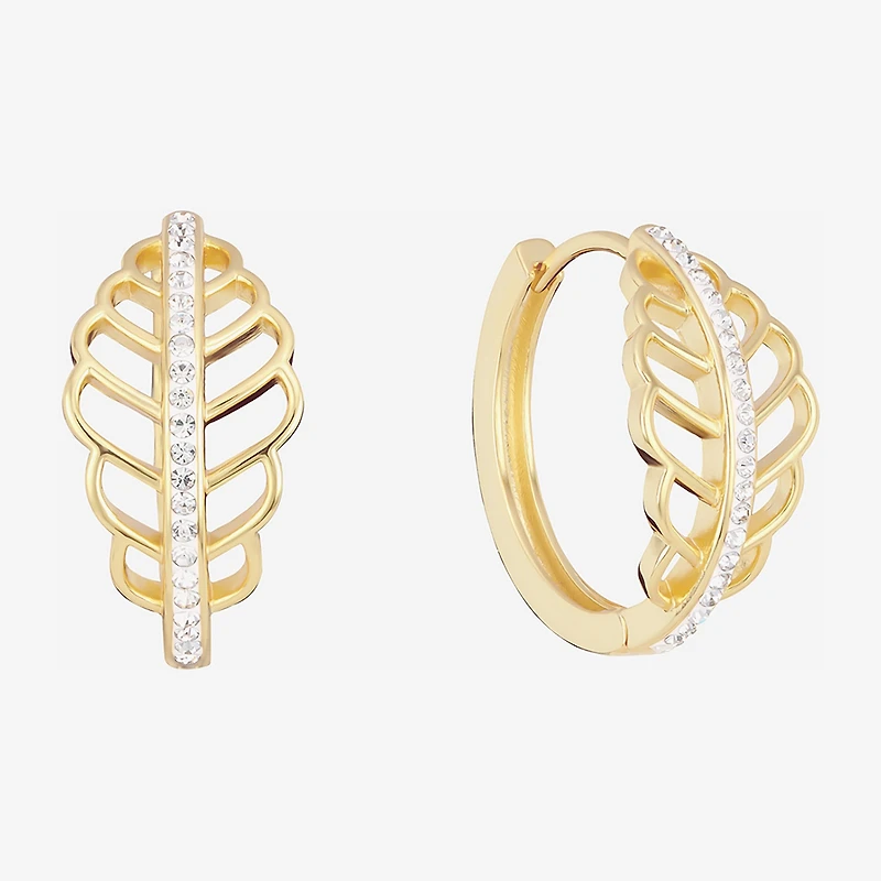 Sparkle Allure Leaf Womens Crystal 14K Gold Over Brass 15.5mm Hoop Earrings