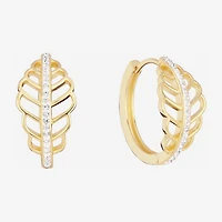 Sparkle Allure Leaf Womens Crystal 14K Gold Over Brass 15.5mm Hoop Earrings
