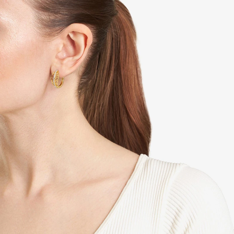 Sparkle Allure Leaf Womens Crystal 14K Gold Over Brass 15.5mm Hoop Earrings