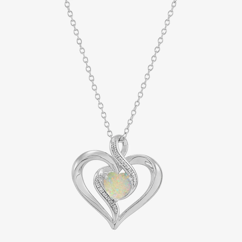 Limited Quantities! Womens Diamond Accent Lab Created White Opal Sterling Silver Heart 18 Inch Pendant Necklace