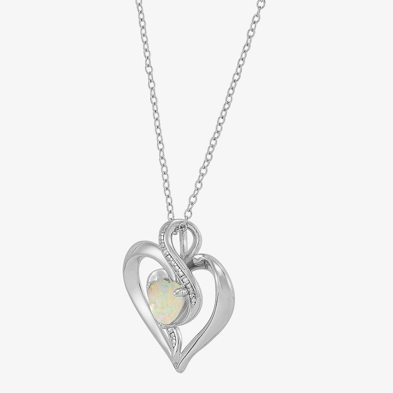 Limited Quantities! Womens Diamond Accent Lab Created White Opal Sterling Silver Heart 18 Inch Pendant Necklace