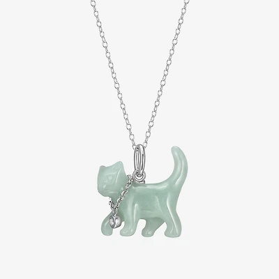 Cat Womens Genuine Green Jade Sterling Silver 18 Inch Pendant Necklace