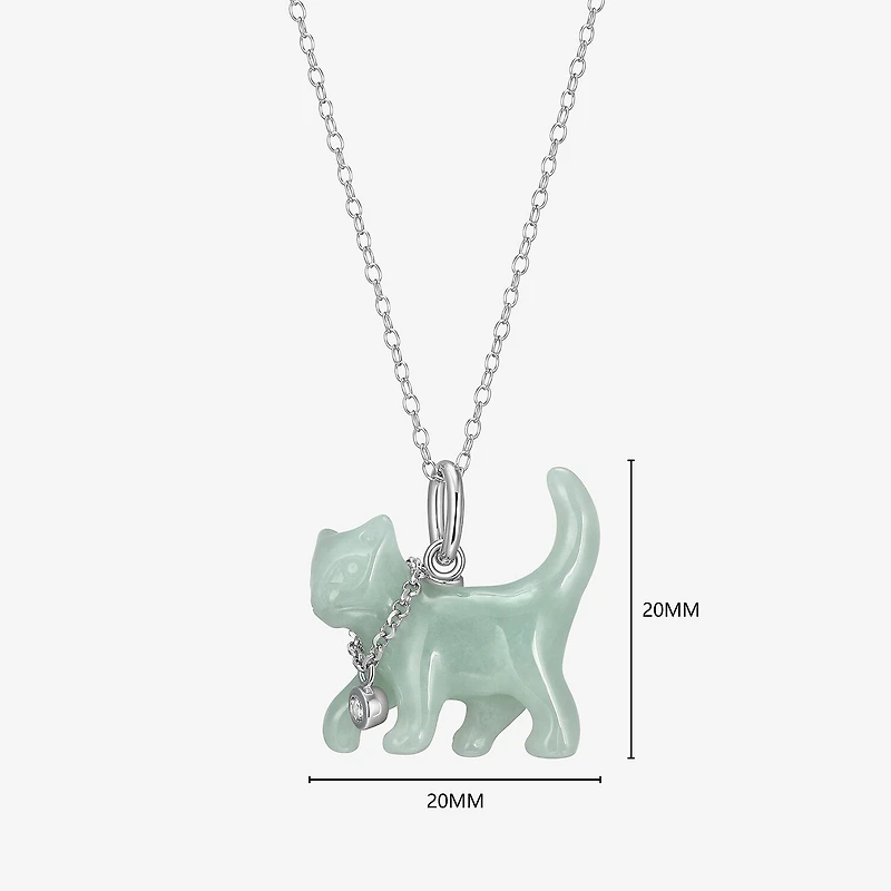 Cat Womens Genuine Green Jade Sterling Silver 18 Inch Pendant Necklace