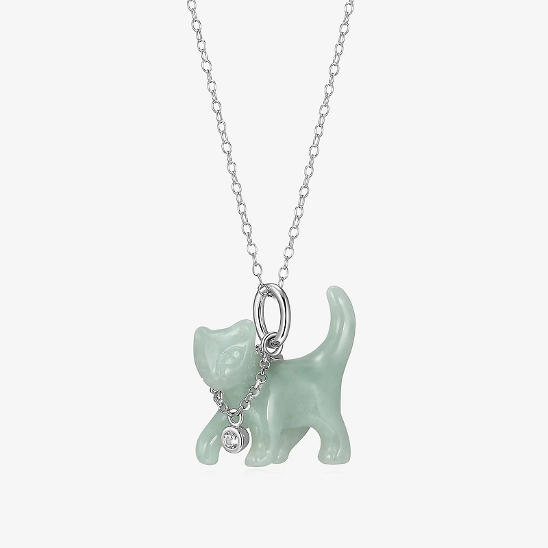 Cat Womens Genuine Green Jade Sterling Silver 18 Inch Pendant Necklace