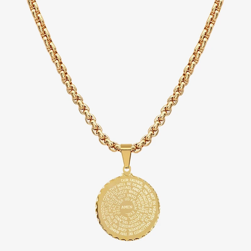 Steeltime Lord's Prayer Mens 18K Gold Over Stainless Steel Round Pendant Necklace