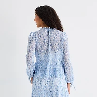 by&by Womens Juniors Split Tie Neck Long Sleeve Blouse