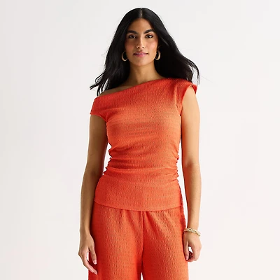 Bold Elements Womens Asymmetrical Neck Short Sleeve Blouse