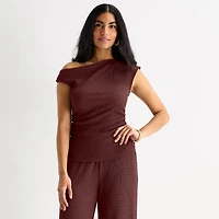 Bold Elements Womens Asymmetrical Neck Short Sleeve Blouse