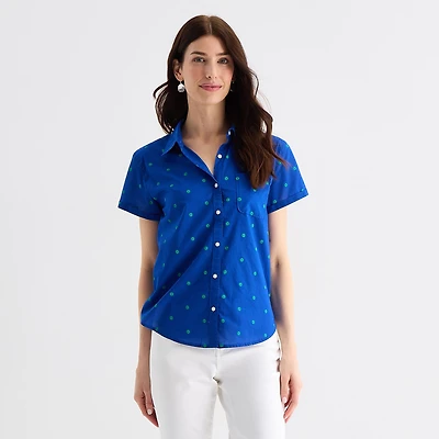 St. John's Bay Womens Short Sleeve Regular Fit Button-Down Shirt