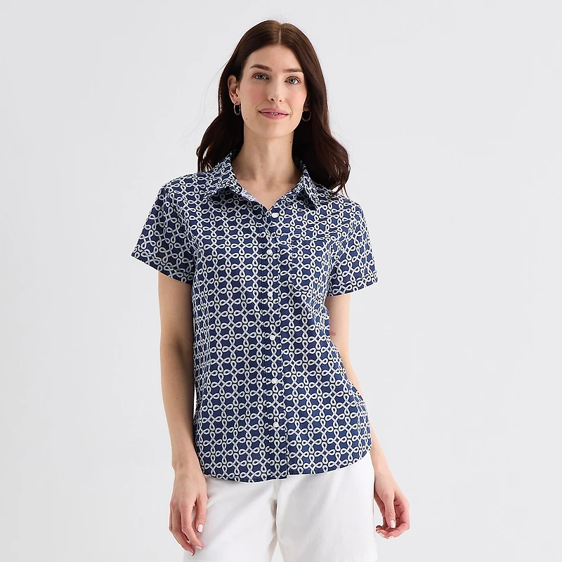 St. John's Bay Womens Easy-on + Easy-off Hidden Access Opening Roll Short Sleeve Regular Fit Button-Down Shirt