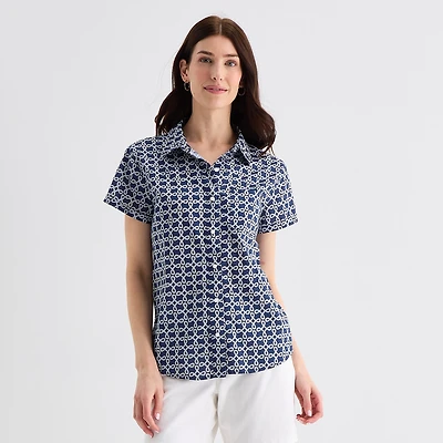 St. John's Bay Womens Easy-on + Easy-off Hidden Access Opening Roll Short Sleeve Regular Fit Button-Down Shirt