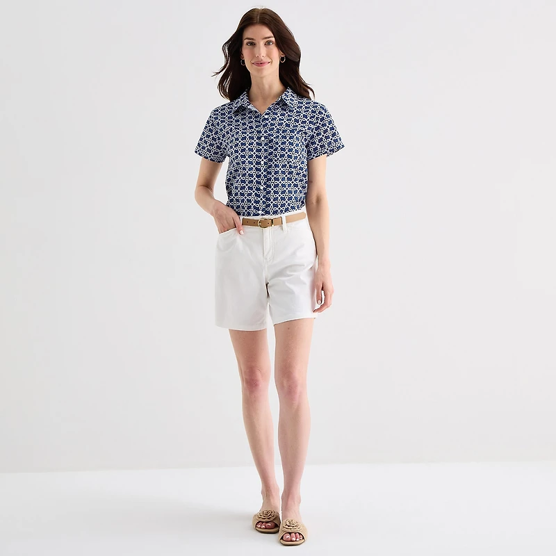St. John's Bay Womens Easy-on + Easy-off Hidden Access Opening Roll Short Sleeve Regular Fit Button-Down Shirt