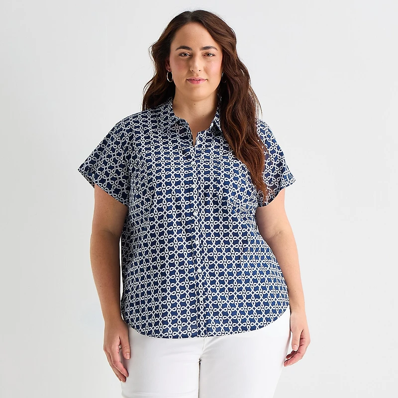 St. John's Bay Womens Plus Roll Short Sleeve Regular Fit Button-Down Shirt