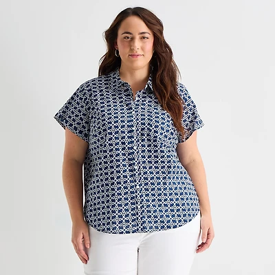 St. John's Bay Womens Plus Roll Short Sleeve Regular Fit Button-Down Shirt