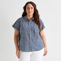 St. John's Bay Womens Plus Roll Short Sleeve Regular Fit Button-Down Shirt
