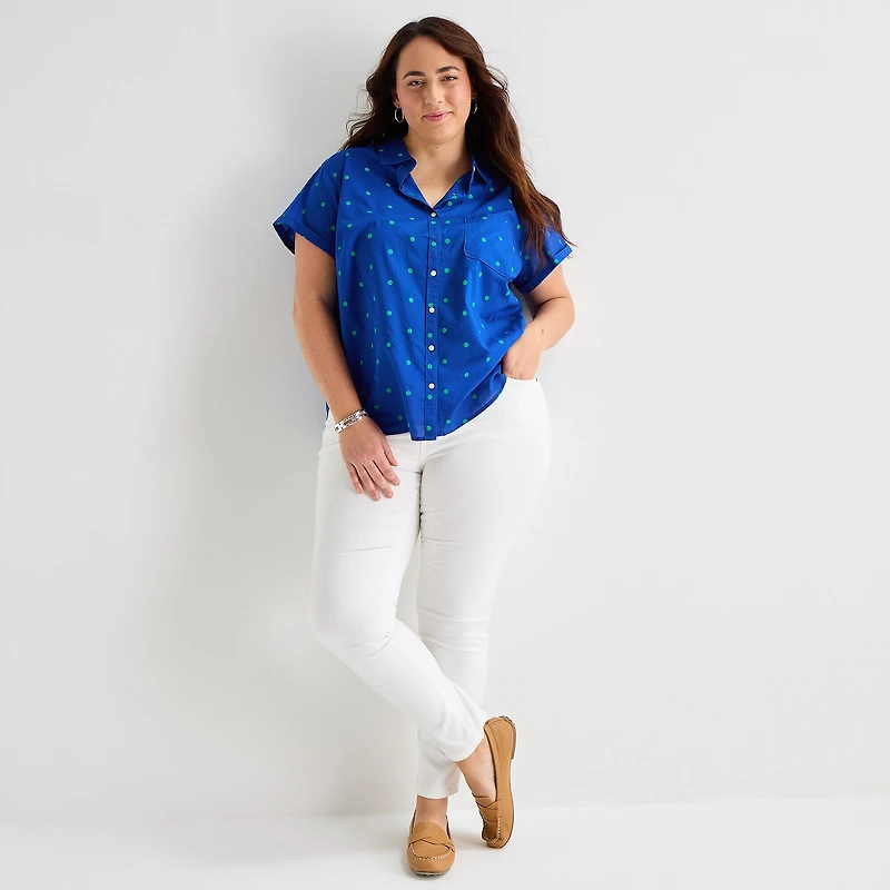 St. John's Bay Womens Plus Roll Short Sleeve Regular Fit Button-Down Shirt