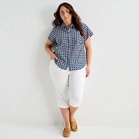 St. John's Bay Womens Plus Roll Short Sleeve Regular Fit Button-Down Shirt