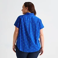 St. John's Bay Womens Plus Easy-on + Easy-off Hidden Access Opening Roll Short Sleeve Regular Fit Button-Down Shirt