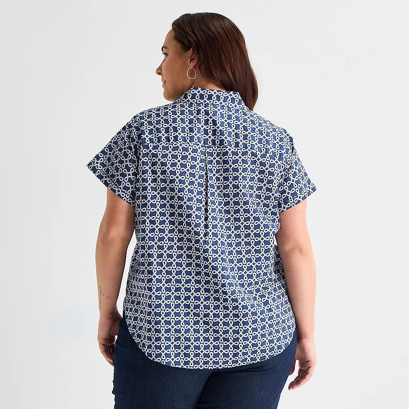 St. John's Bay Womens Plus Easy-on + Easy-off Hidden Access Opening Roll Short Sleeve Regular Fit Button-Down Shirt