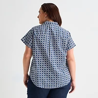 St. John's Bay Womens Plus Easy-on + Easy-off Hidden Access Opening Roll Short Sleeve Regular Fit Button-Down Shirt