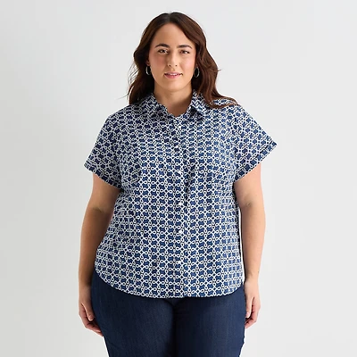St. John's Bay Womens Plus Easy-on + Easy-off Hidden Access Opening Roll Short Sleeve Regular Fit Button-Down Shirt