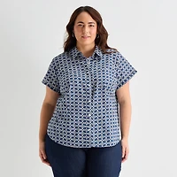 St. John's Bay Womens Plus Easy-on + Easy-off Hidden Access Opening Roll Short Sleeve Regular Fit Button-Down Shirt