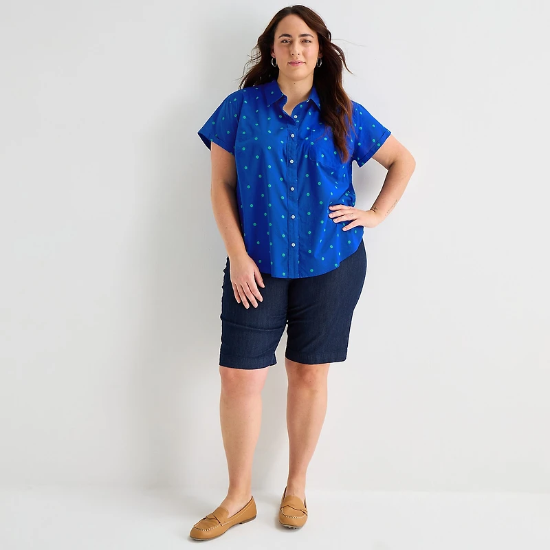 St. John's Bay Womens Plus Easy-on + Easy-off Hidden Access Opening Roll Short Sleeve Regular Fit Button-Down Shirt