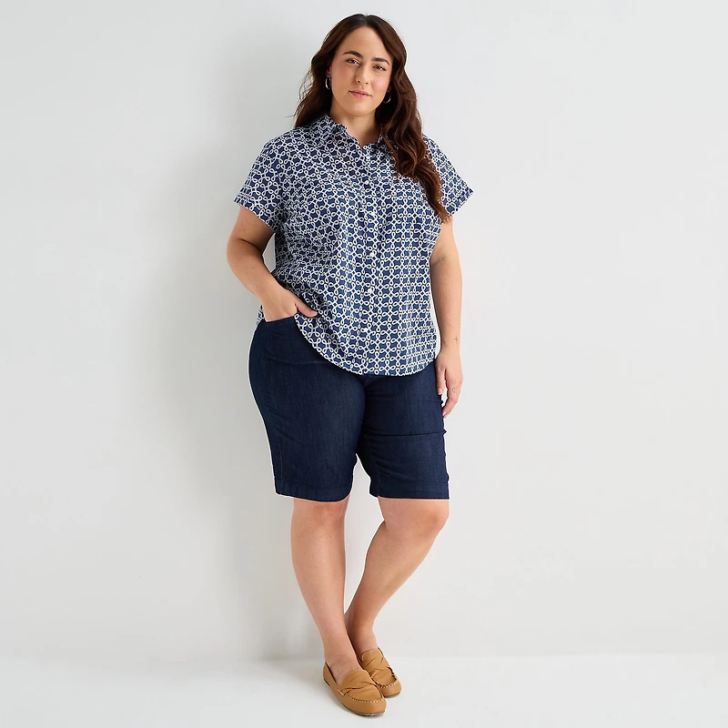 St. John's Bay Womens Plus Easy-on + Easy-off Hidden Access Opening Roll Short Sleeve Regular Fit Button-Down Shirt