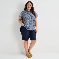St. John's Bay Womens Plus Easy-on + Easy-off Hidden Access Opening Roll Short Sleeve Regular Fit Button-Down Shirt