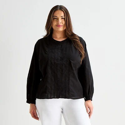 Liz Claiborne Womens Plus Bishop Long Sleeve Regular Fit Button-Down Shirt