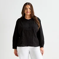 Liz Claiborne Womens Plus Bishop Long Sleeve Regular Fit Button-Down Shirt