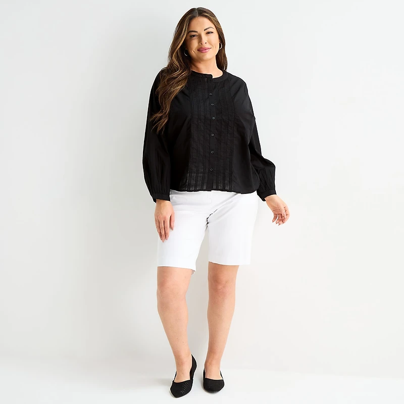 Liz Claiborne Womens Plus Bishop Long Sleeve Regular Fit Button-Down Shirt