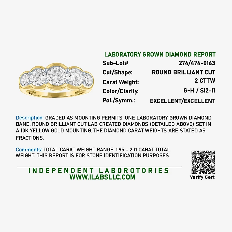 G-H / Si2-I1 Womens 7.5MM 2 CT. T.W. Lab Grown White Diamond 10K Gold 5-Stone Anniversary Band
