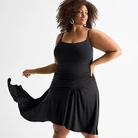 Ashley Graham Womens Plus High-Low Square Neck Sleeveless Fit + Flare Dress