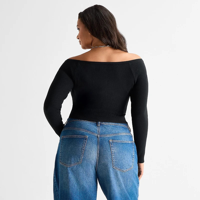 Ashley Graham Womens Plus Off the Shoulder Long Sleeve Top