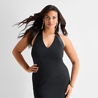 Ashley Graham Womens Plus Midi Halter Neck Sleeveless Bodycon Dress