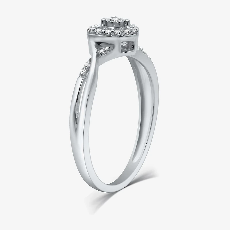 Promise My Love Sterling Silver Womens 1/10 CT. T.W. Natural White Diamond Heart Side Stone Halo Ring