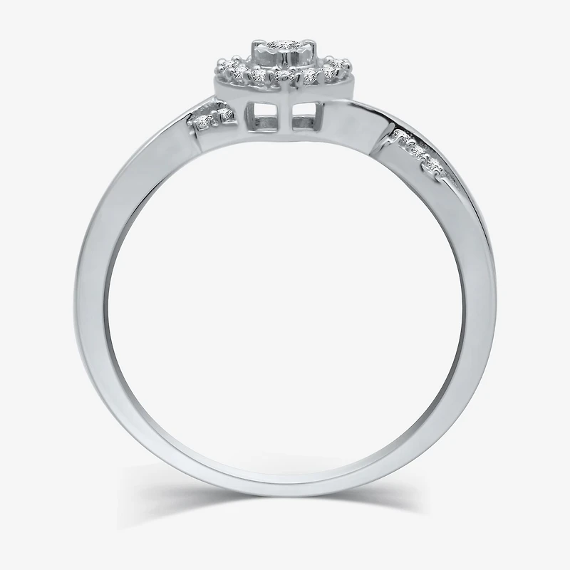 Promise My Love Sterling Silver Womens 1/10 CT. T.W. Natural White Diamond Heart Side Stone Halo Ring