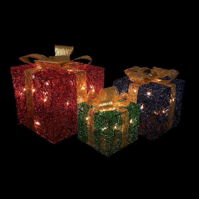 Northlight Set Of 3 Lighted Red Blue And Green Gift Boxes Decorations 9.75in Christmas Yard Art