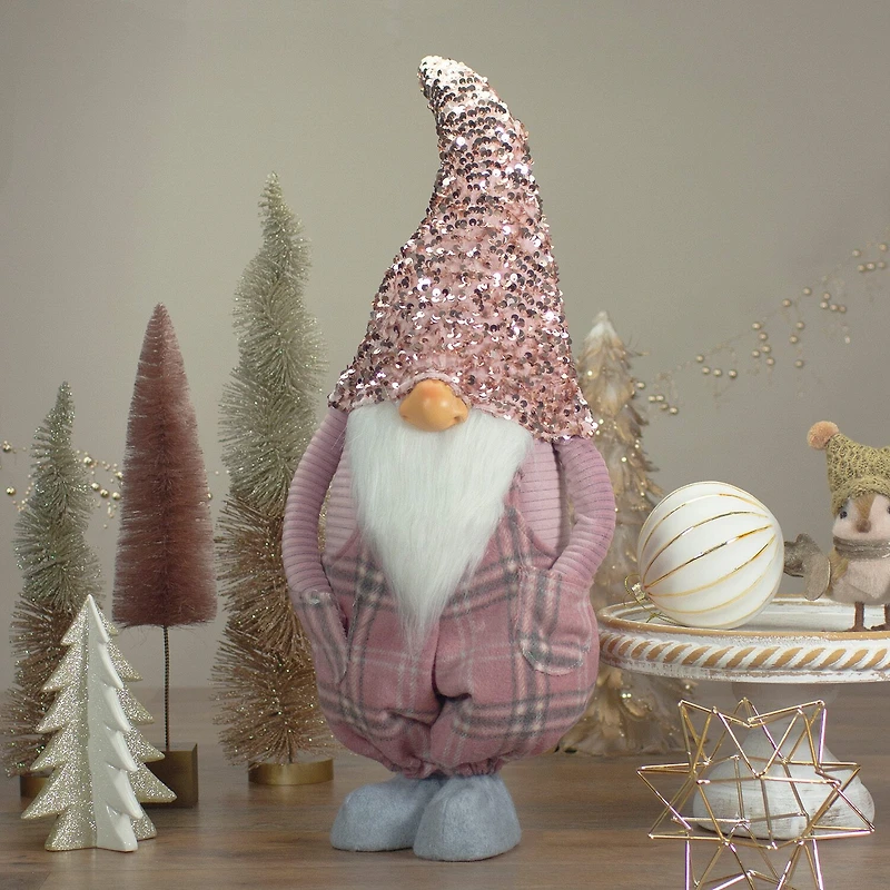 Northlight 24in Pink And Gray Plaid Christmas With A Rose Gold Hat Christmas Gnome