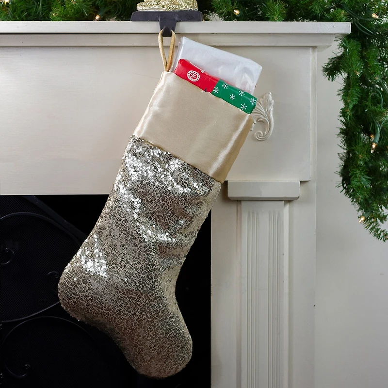 Northlight 22in Golden Metallic Sequined With Satin Cuff Christmas Stocking