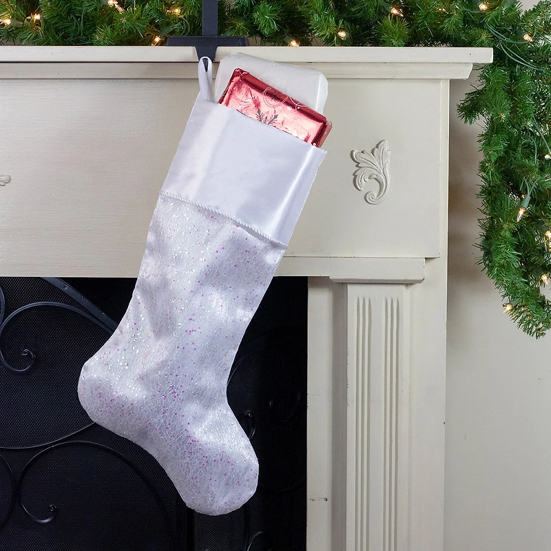 Northlight 22.25in White With Pink Iridescent Glitter With Satin Cuff Christmas Stocking