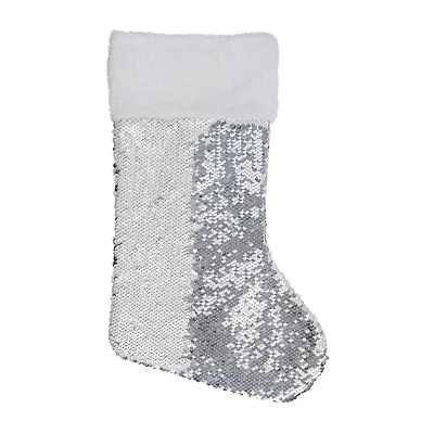 Northlight 19in White And Silver Sequin With White Faux Fur Cuff Christmas Stocking