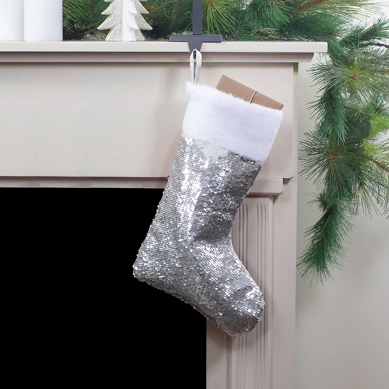 Northlight 19in White And Silver Sequin  With White Faux Fur Cuff Christmas Stocking