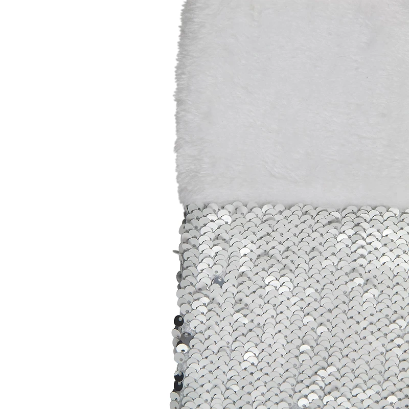 Northlight 19in White And Silver Sequin  With White Faux Fur Cuff Christmas Stocking