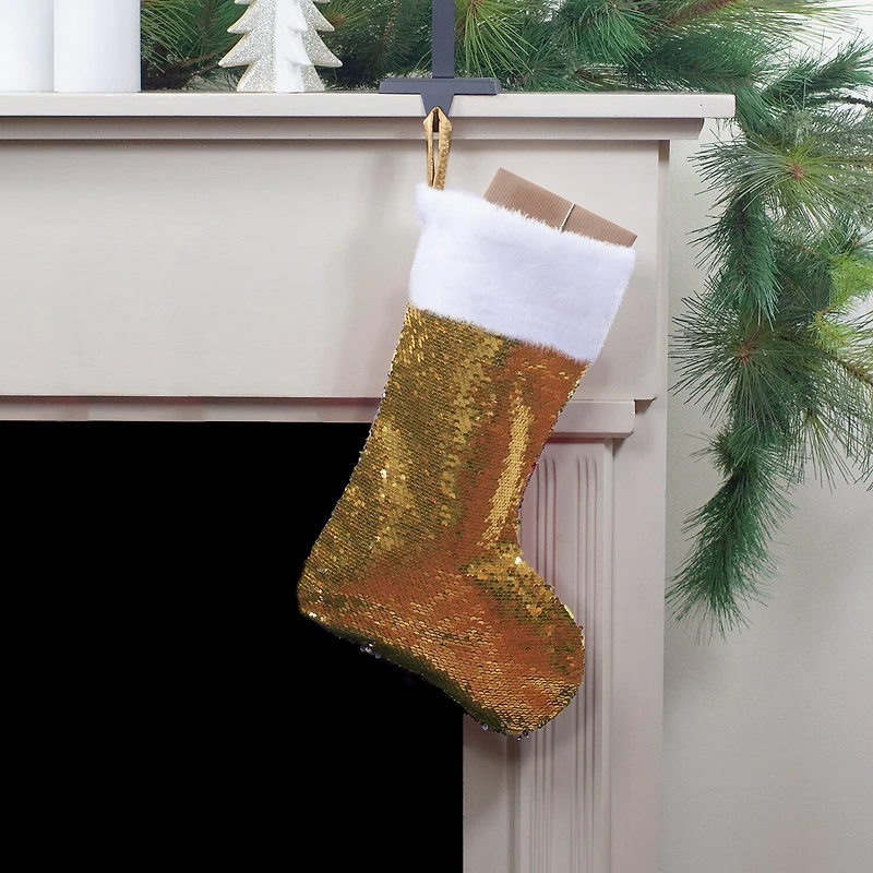 Northlight 19in Gold And Silver Sequin With White Faux Fur Cuff Christmas Stocking