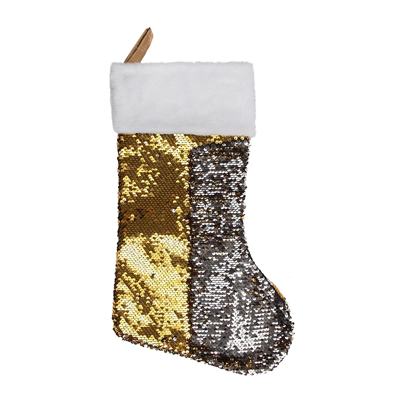 Northlight 19in Gold And Silver Sequin With White Faux Fur Cuff Christmas Stocking