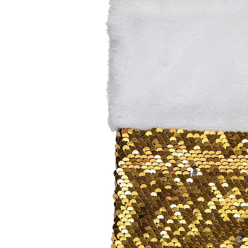 Northlight 19in Gold And Silver Sequin With White Faux Fur Cuff Christmas Stocking